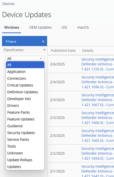 This partial screenshot shows the Device Updates panel in UEM, showing all the filters for the Windows tab