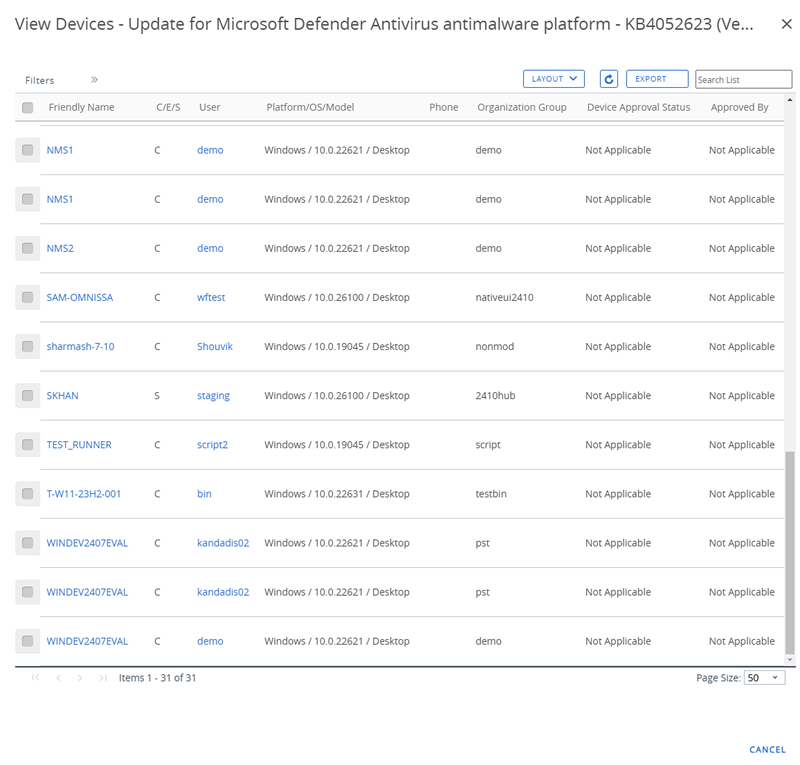 This partial screenshot shows the View Devices screen, resulting from clicking on a specific installation status.