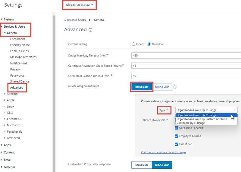 This screenshot shows the Devices & Users, General Advanced system settings, which you can use to enable device assignments.