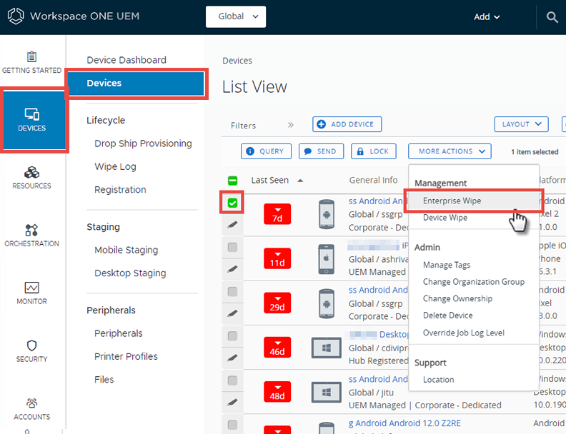 This screenshot shows the Device List View with a device selected and More Actions button selected, revealing the Enterprise Wipe option.