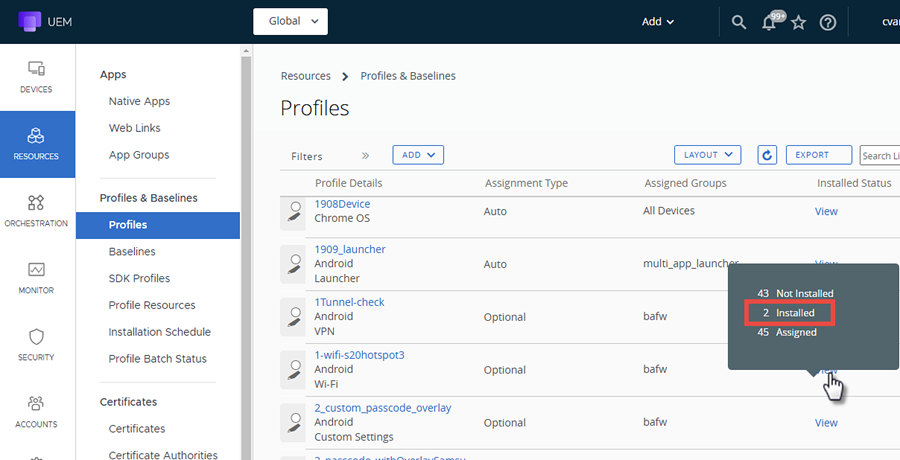 this screenshot shows the Profiles list view with the Installed Status popup, giving you access to devices that have the profile installed. this screenshot shows the Profiles list view with the Installed Status popup, giving you access to devices that have the profile installed.
