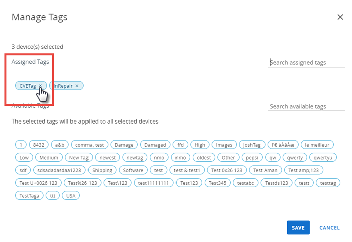 This screenshot shows the Manage Tags screen which you can use to unassign tags from one or more selected devices in Device List View.