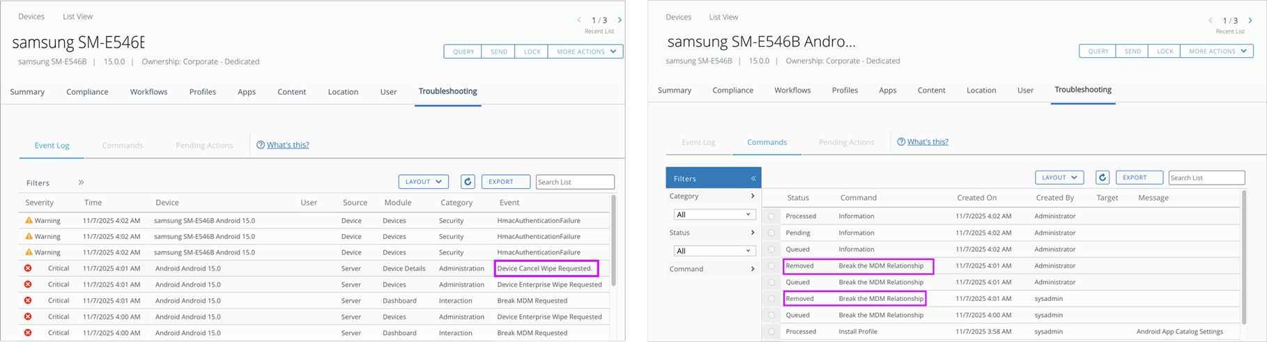 This screenshot shows the Cancel Wipe action captured in the Event Logs and Command tabs.