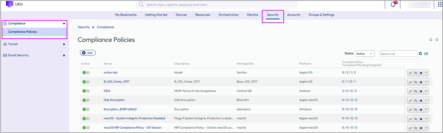 This screenshot displays the list of compliance policies sorted by name. You can activate or deactivate individual policies, sort by managed OG, view the devices to which it is assigned, and more.