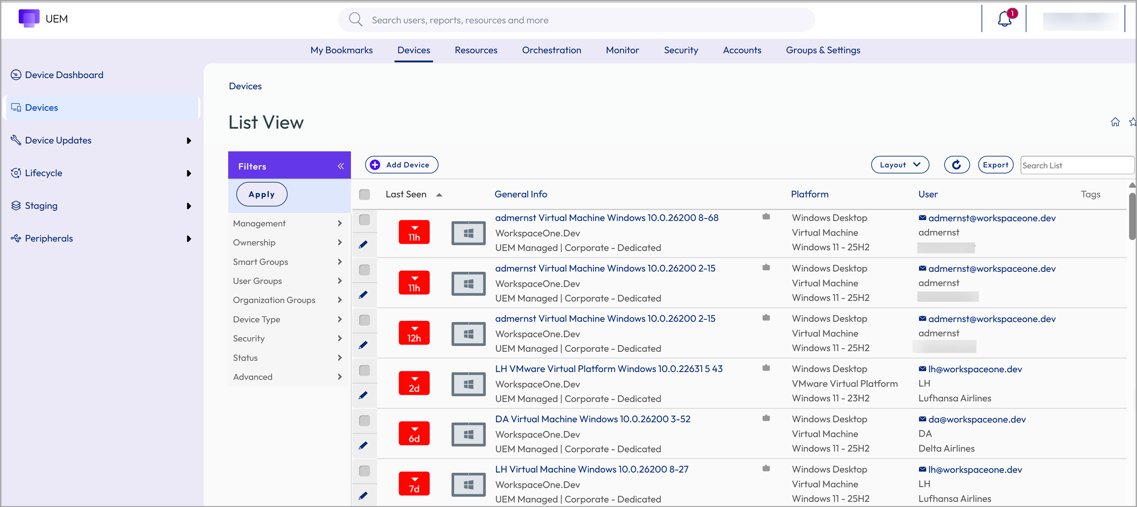 This screenshot shows a typical device list view. You can select one device to see its details. You can filter the list to view only certain devices. You can invoke remote actions on multiple devices. This screenshot shows a typical device list view. You can select one device to see its details. You can filter the list to view only certain devices. You can invoke remote actions on multiple devices.