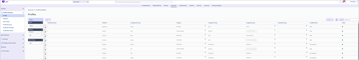 This screenshot displays the profiles list view, where you can create new profiles and inspect devices to which they are assigned.