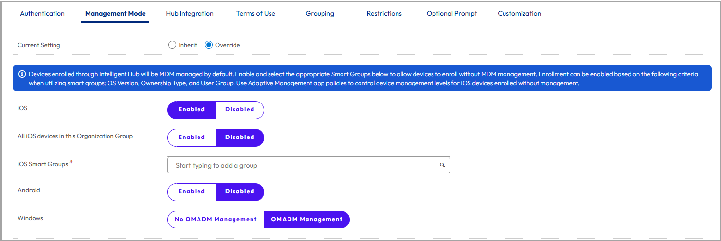 this partial screenshot shows the Management Mode tab for Enrollment settings this partial screenshot shows the Management Mode tab for Enrollment settings