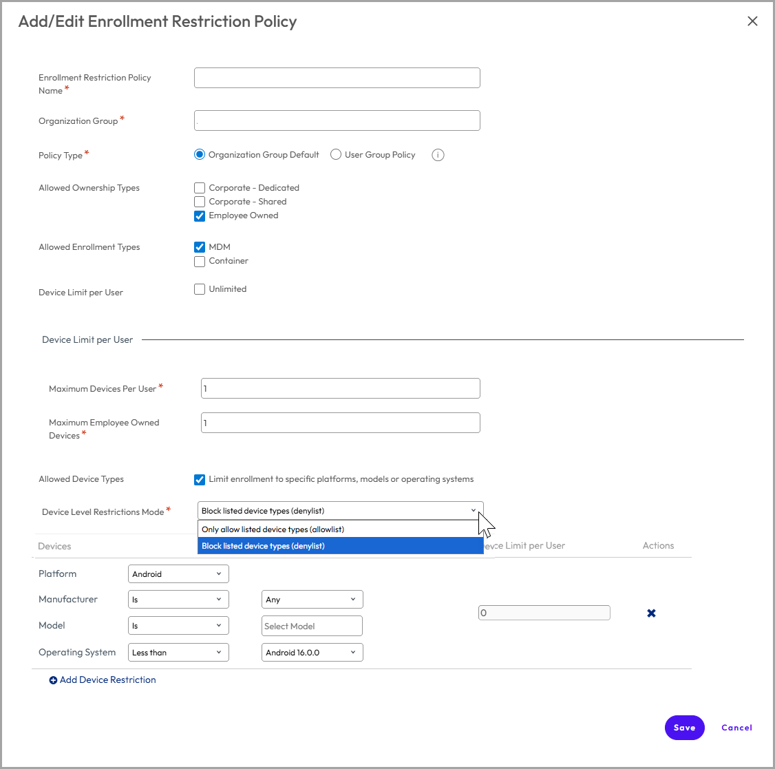 This screenshot shows the Add/Edit Enrollment Restriction Policy screen, which lets you limit enrollment easily This screenshot shows the Add/Edit Enrollment Restriction Policy screen, which lets you limit enrollment easily