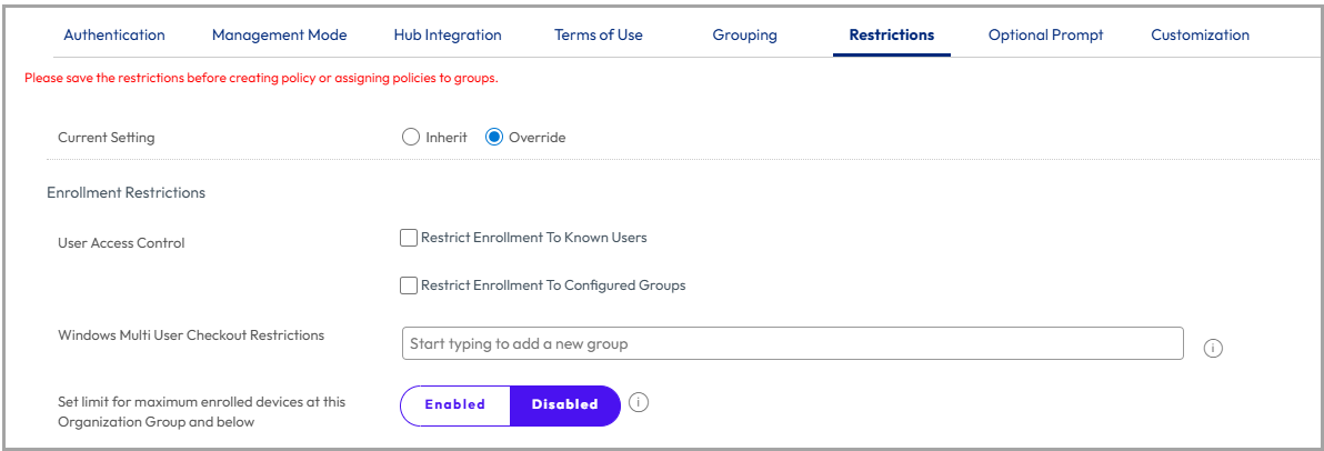 this partial screenshot shows the Restrictions tab for Enrollment settings this partial screenshot shows the Restrictions tab for Enrollment settings
