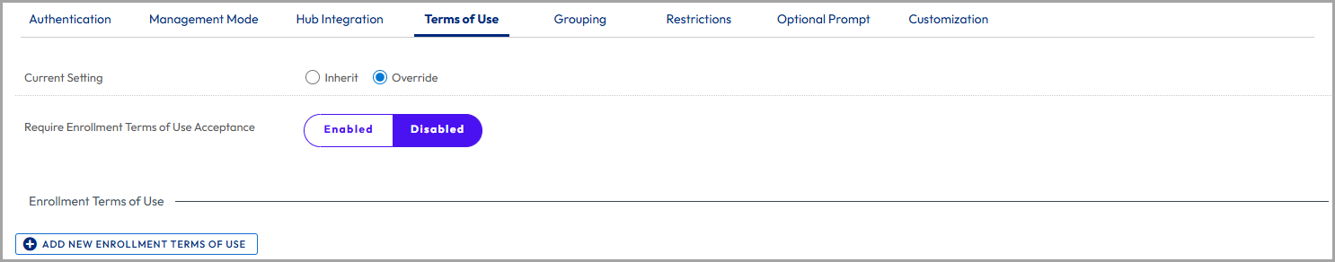 this partial screenshot shows the Terms of Use tab for Enrollment settings this partial screenshot shows the Terms of Use tab for Enrollment settings