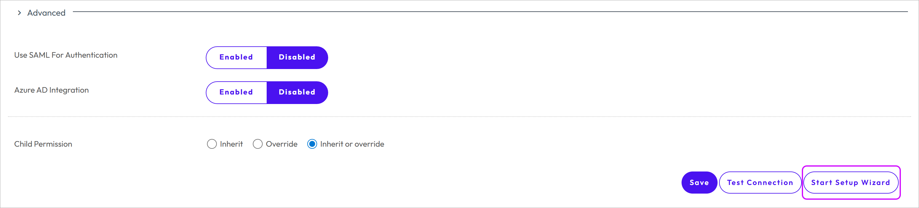 This screenshot shows the Advanced section drop down of the Directory Services system settings, where you can enable Azure AD for identity services and enable SAML for authentication. This screenshot shows the Advanced section drop down of the Directory Services system settings, where you can enable Azure AD for identity services and enable SAML for authentication.