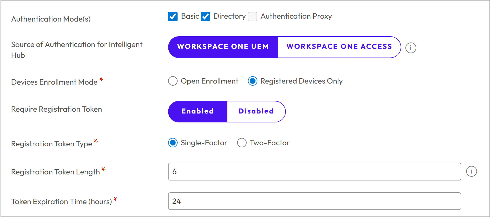 This screenshot shows the Authentication tab in the General > Enrollment settings, with all the Registration Token options enabled.