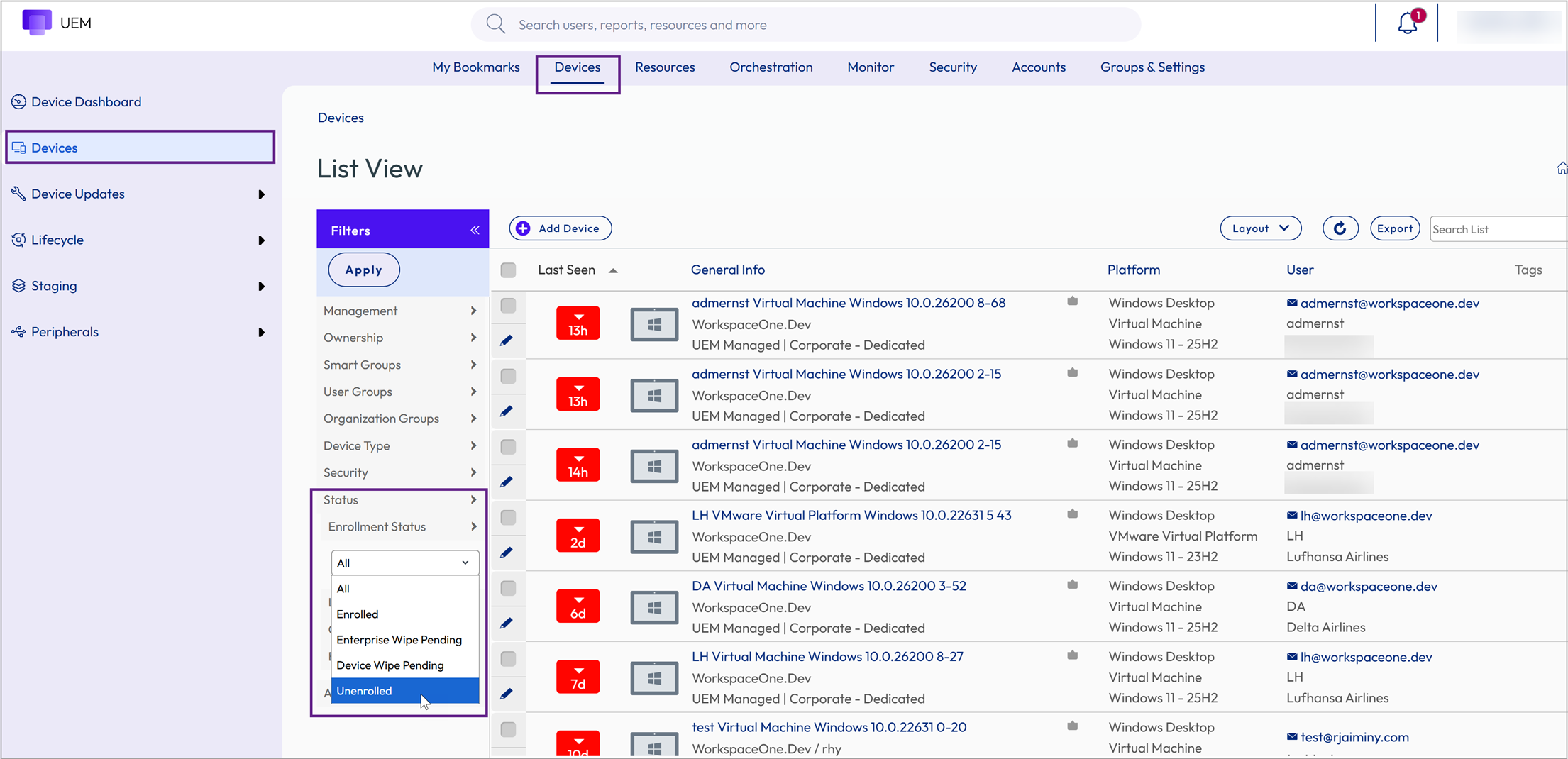 This screenshot shows the Device List View with the unenrolled status filter highlighted, which is the first step to accessing troublshooting logs made before devices were unenrolled. This screenshot shows the Device List View with the unenrolled status filter highlighted, which is the first step to accessing troublshooting logs made before devices were unenrolled.