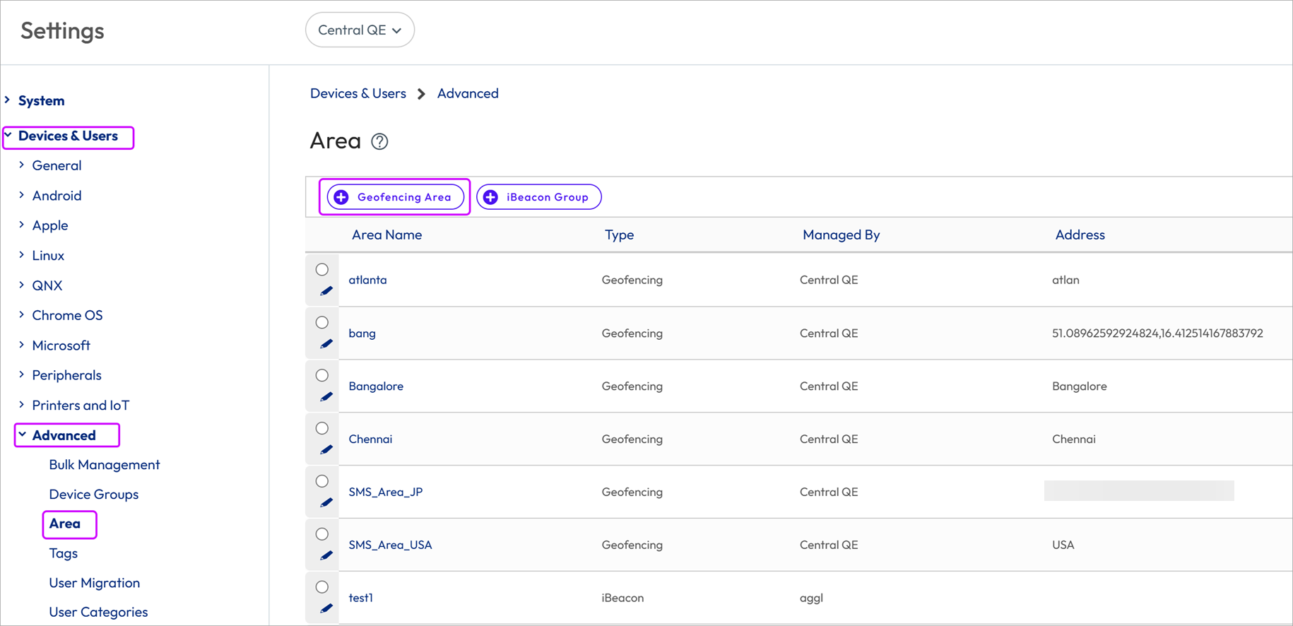 This screenshot shows the Devices & Users, Advanced, Area System Setting page, which is where you go to define a geofence. This screenshot shows the Devices & Users, Advanced, Area System Setting page, which is where you go to define a geofence.