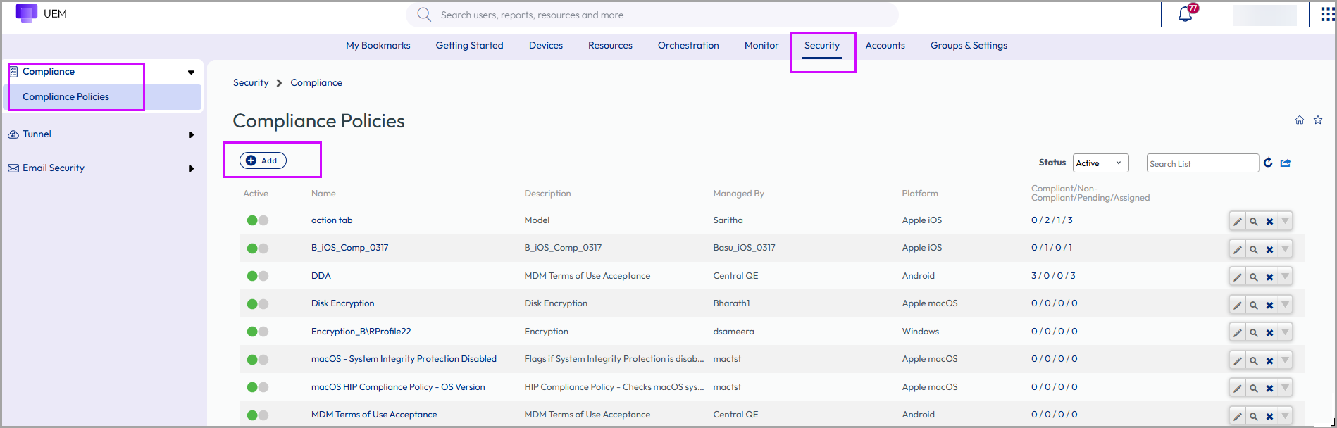 This screenshot shows the Security, Compliance Policy List View with the Add button highlighted, which is how you add a new compliance policy.