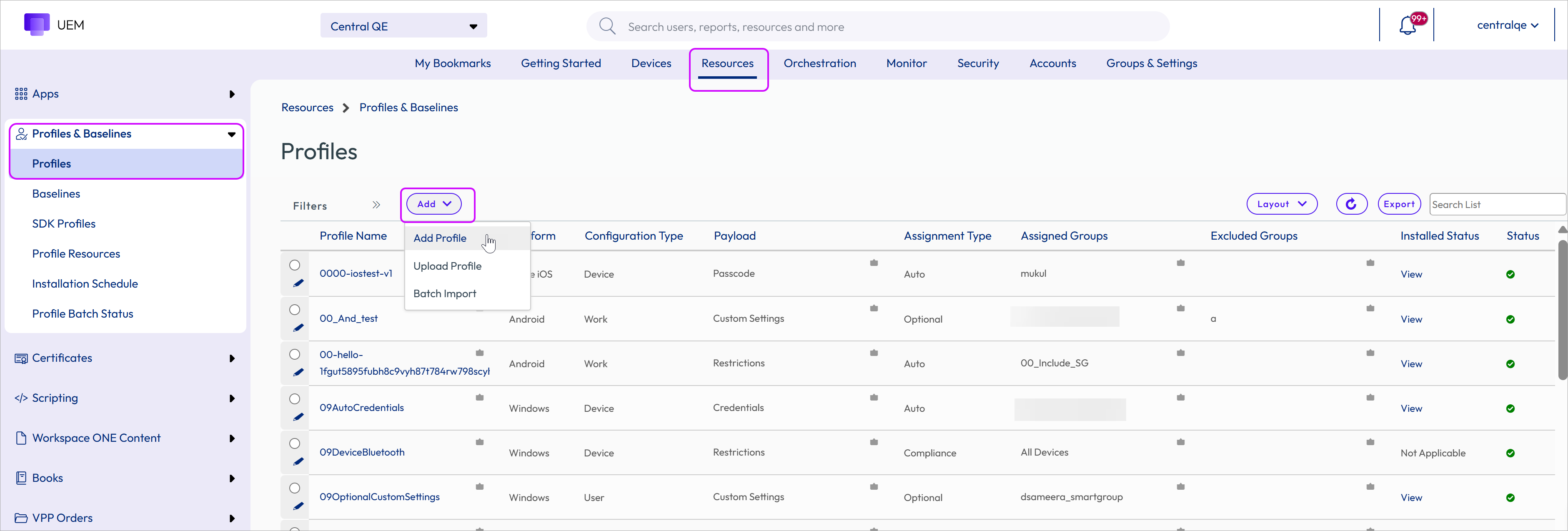 This screenshot displays the Profiles list view in Devices, Profiles & Baselines, which enables you to not only make Device Profiles but use them as Compliance Profiles.