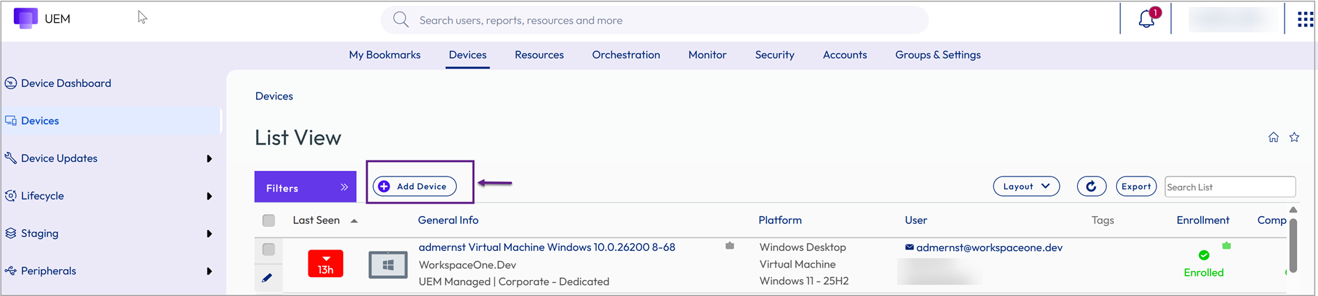 This screenshot shows the Device List View, which lets you add a device to your fleet.