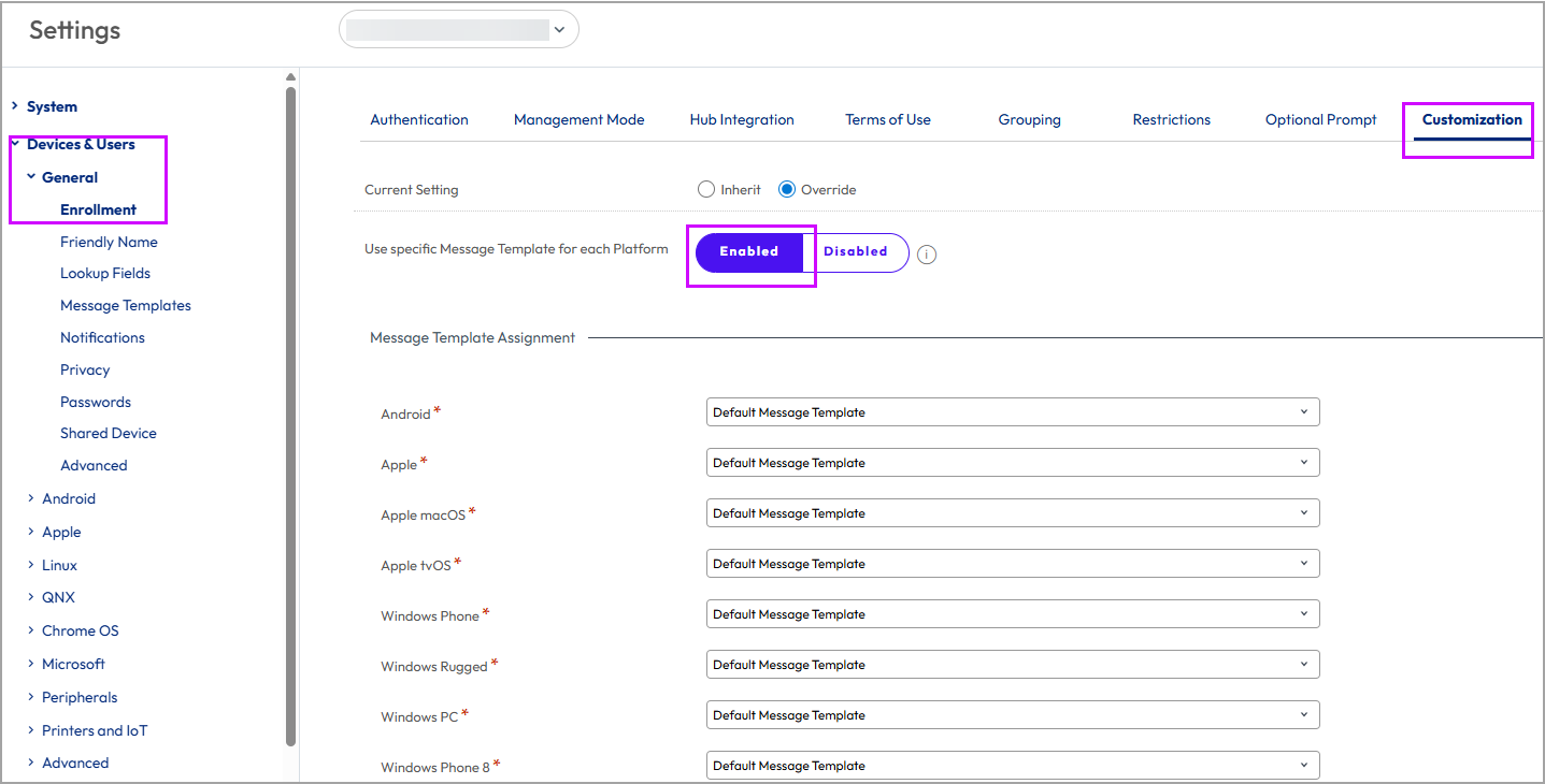 This screenshot shows the Customization tab of the Devices & Users General Enrollment System Settings, which you can use to assign custom message template per platform. This screenshot shows the Customization tab of the Devices & Users General Enrollment System Settings, which you can use to assign custom message template per platform.