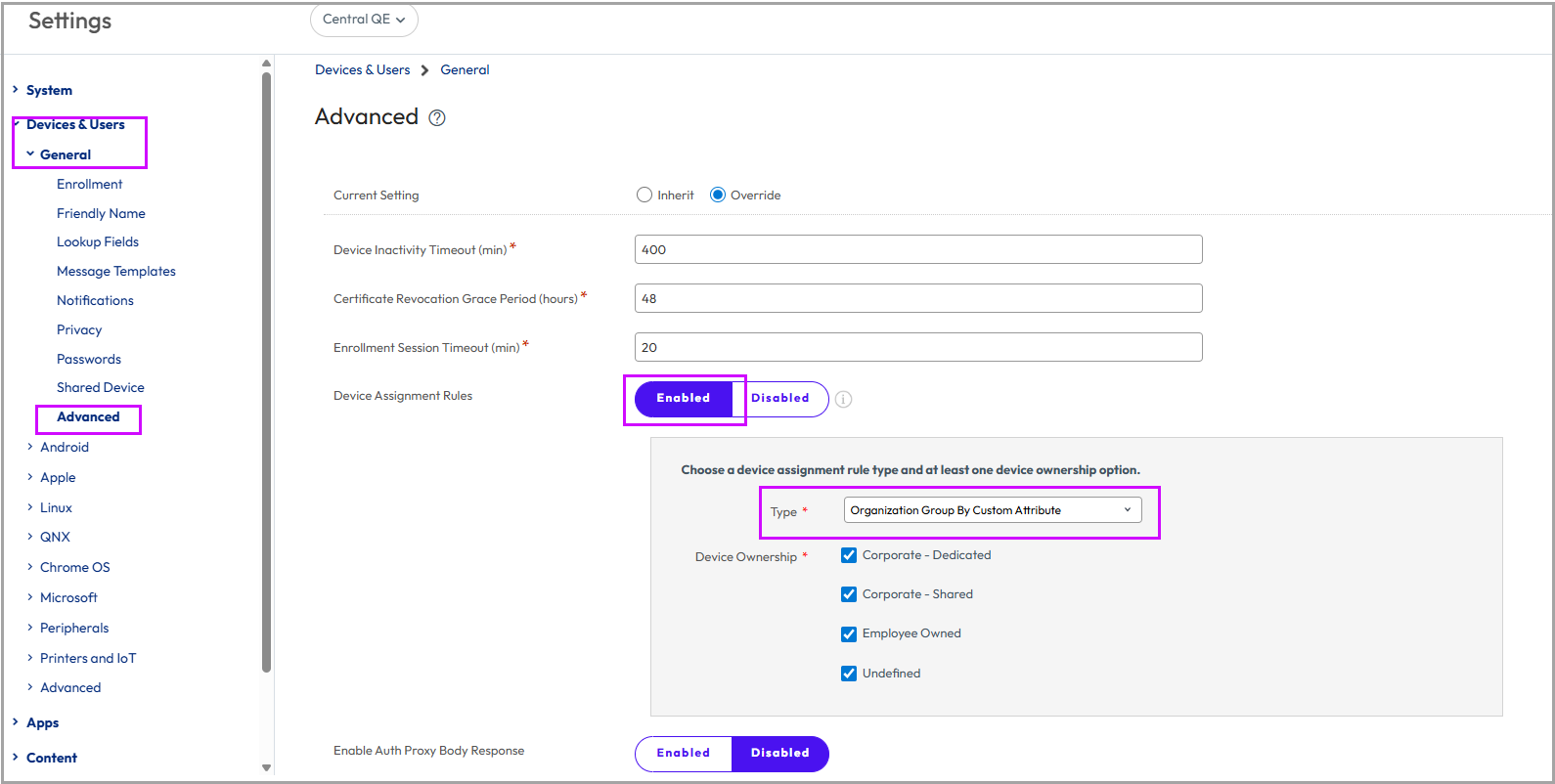 This screenshot shows the Devices & Users, General Advanced System Settings, which is how you can assign OGs with custom attributes. This screenshot shows the Devices & Users, General Advanced System Settings, which is how you can assign OGs with custom attributes.