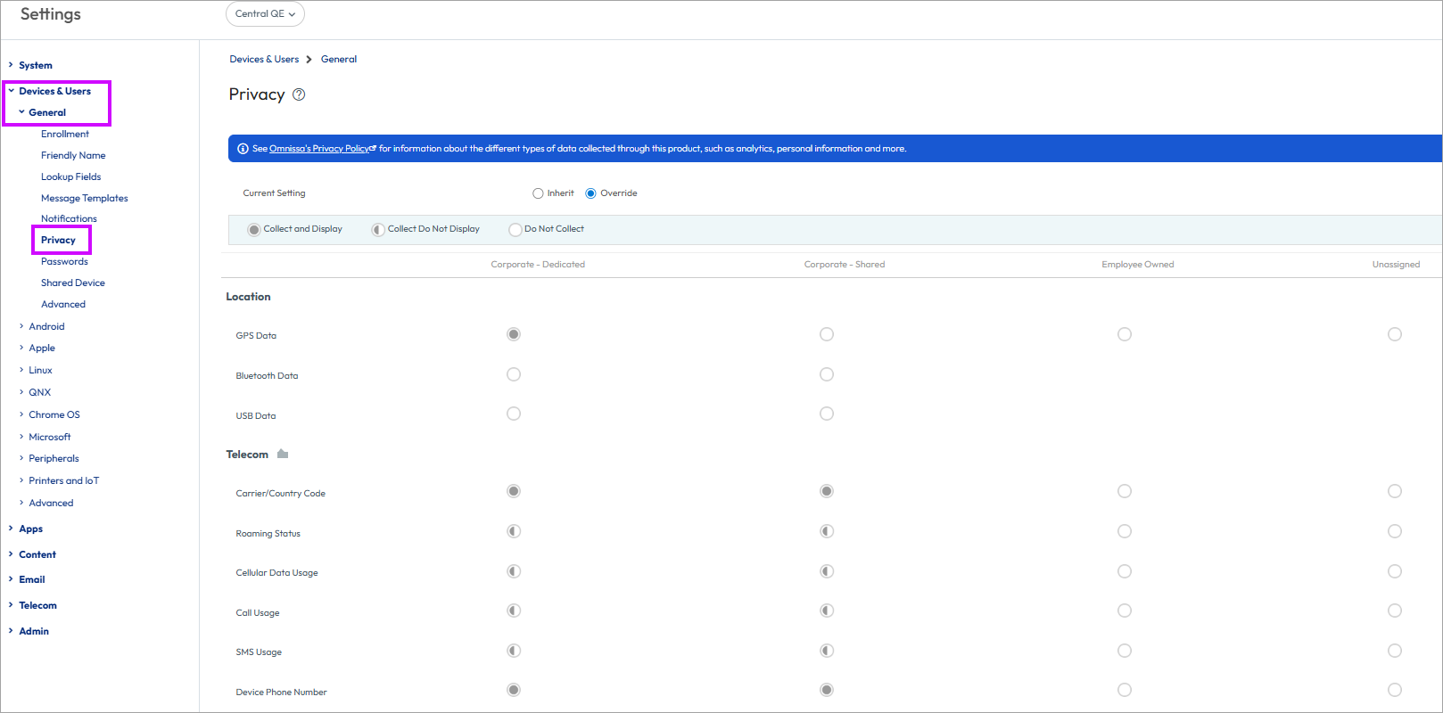 This screenshot displays the Privacy system setting in Devices & Users, General, which lets you configure privacy settings.