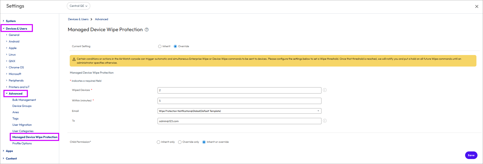 This screenshot shows the Manages Device Wipe Protection, which lets you configure wipe protection.