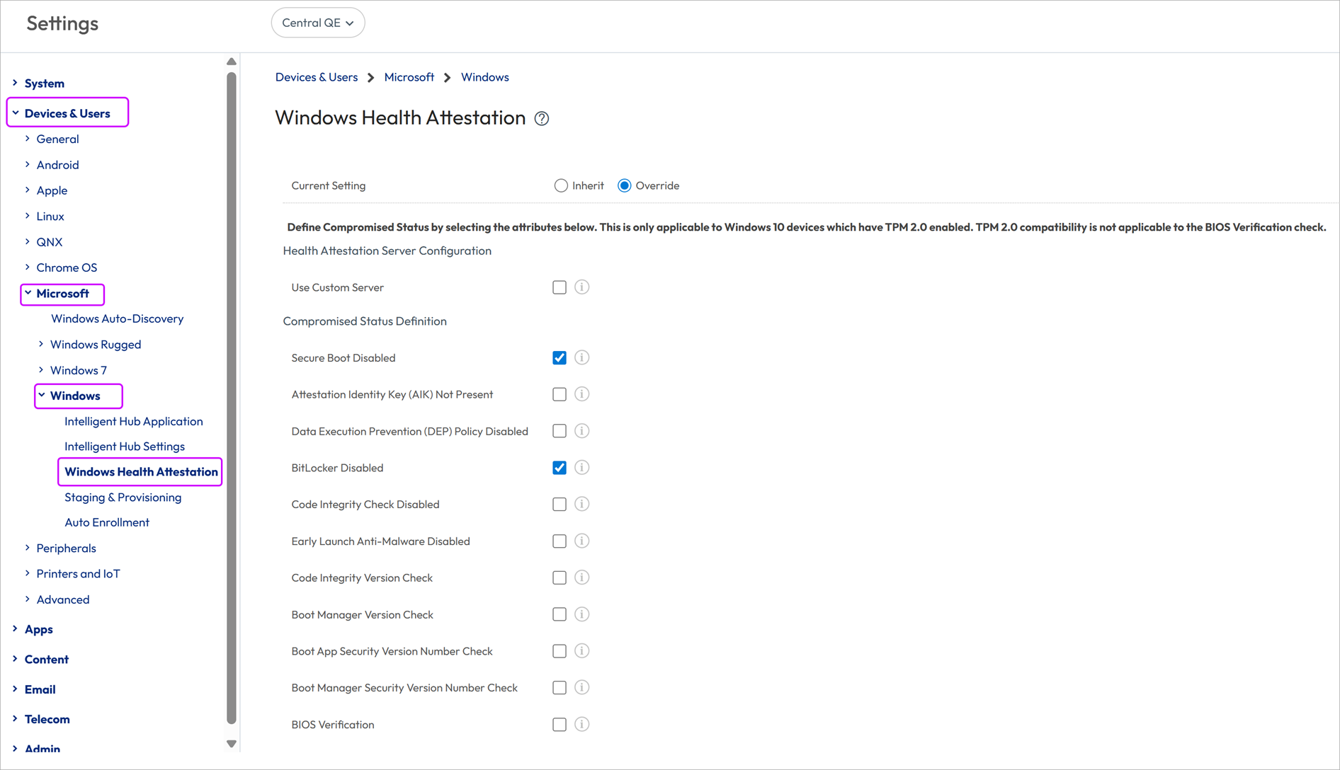 This screenshot displays the Windows Desktop Health Attestation System Setting screen.