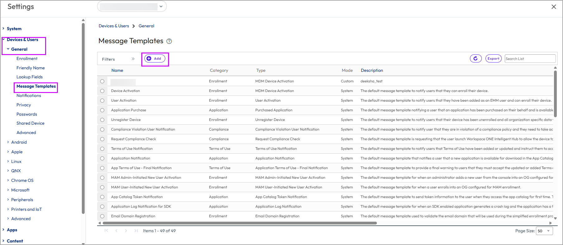 This screenshot displays the Message Template System Settings, which you can use to make platform-specific messages during enrollment and other events. This screenshot displays the Message Template System Settings, which you can use to make platform-specific messages during enrollment and other events.
