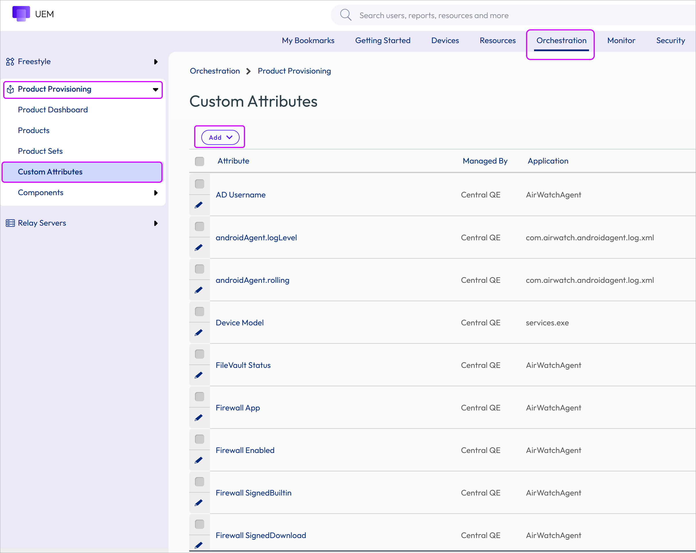 This screenshot displays the Devices, Provisioning Custom Attribute screen, which enables you to make your own custom attributes. This screenshot displays the Devices, Provisioning Custom Attribute screen, which enables you to make your own custom attributes.