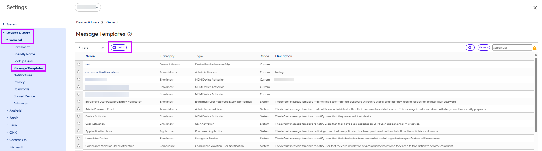 This screenshot shows the message template system setting in Devices & Users, General, which enables you to create a privacy notice for BYOD users.