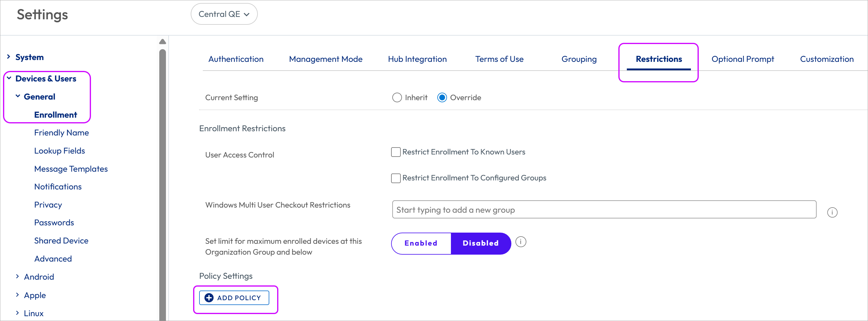 This screenshot displays the Restrictions tab in the Devices & Users General Enrollment System Setting.