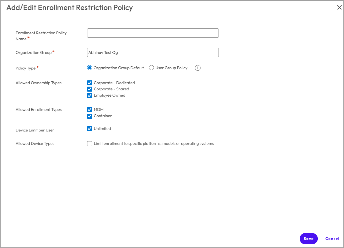 This screenshot shows the Add/Edit Enrollment Restriction Policy page, which you can use to create a new restriction policy.