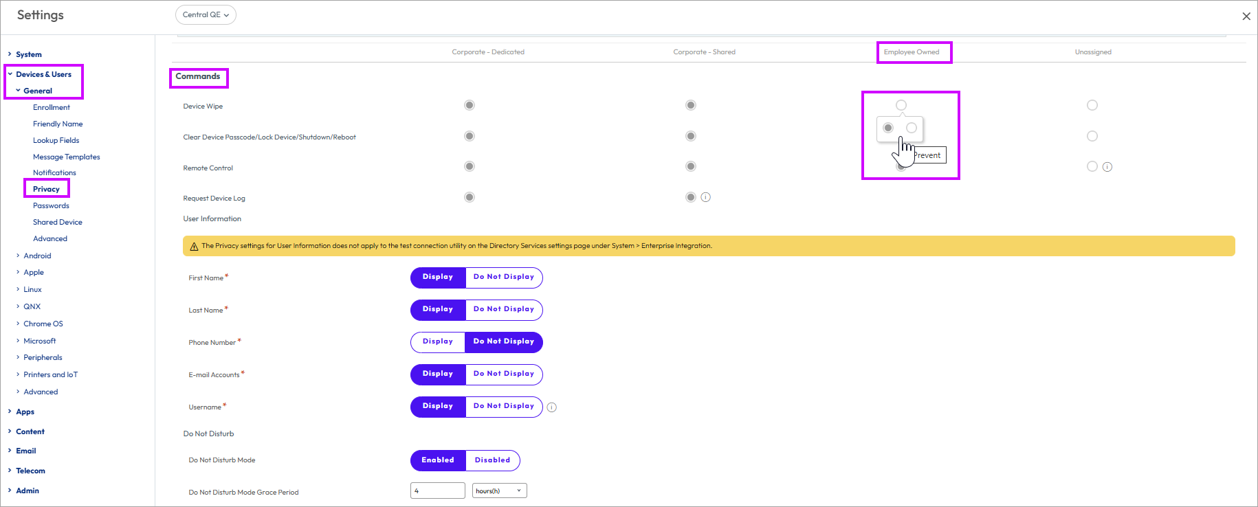 This screenshot shows the Privacy system settings at Devices & Users, General, which lets you prevent device wipes on BYOD devices.