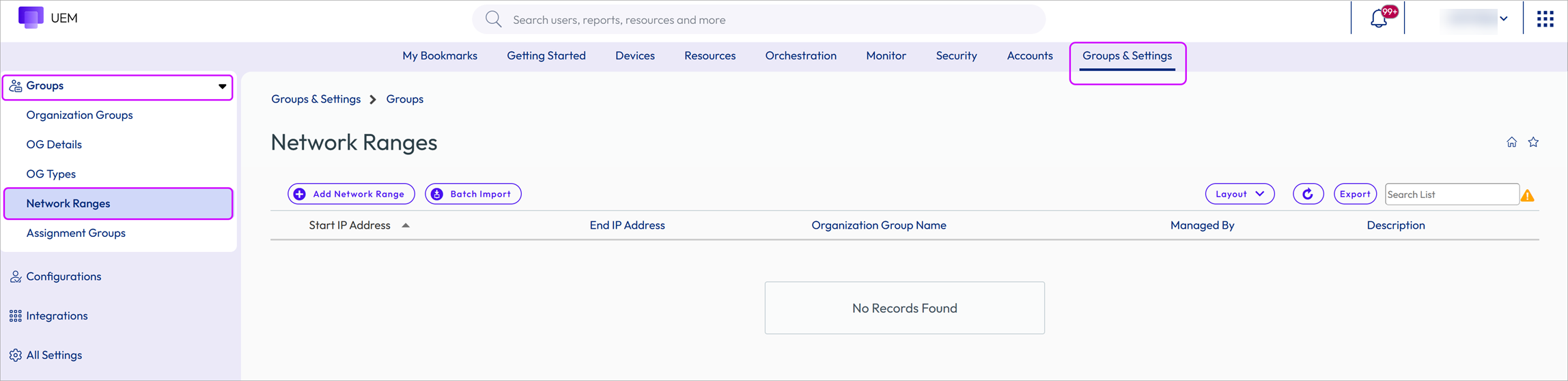 This screenshot shows the Network Ranges screen, which is only visible after you enable device assignments. This screenshot shows the Network Ranges screen, which is only visible after you enable device assignments.
