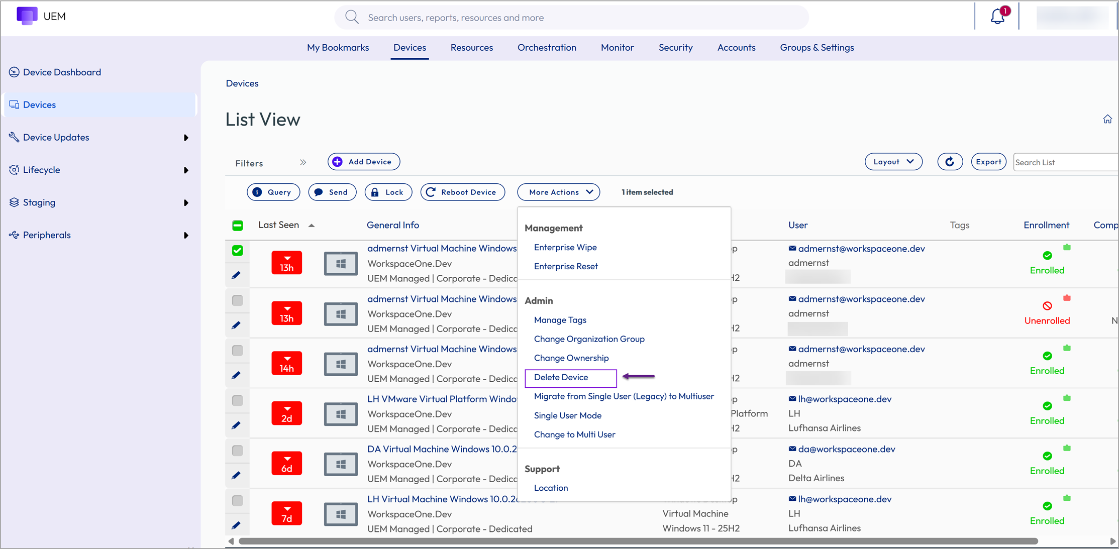This screenshot shows the Device List View with a single device selected and the More Actions button revealing the Delete Device selection. This screenshot shows the Device List View with a single device selected and the More Actions button revealing the Delete Device selection.