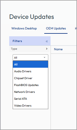 This partial screenshot shows the Device Updates panel in UEM, showing all the filters for the OEM tab
