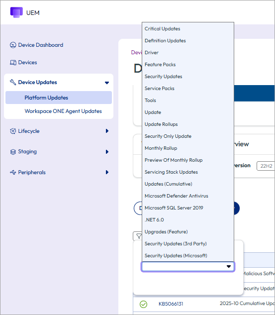 This partial screenshot shows the Device Updates panel in UEM, showing all the filters for the Windows tab