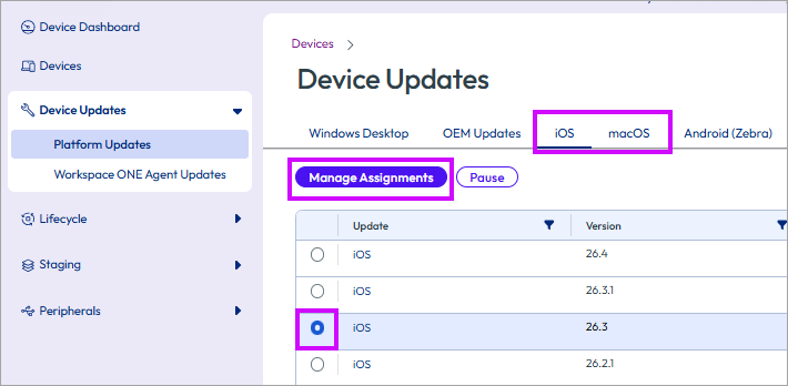This partial screenshot shows the iOS tab of the Device Updates screen, with one of the releases selected, which enables the Manage Assignments button