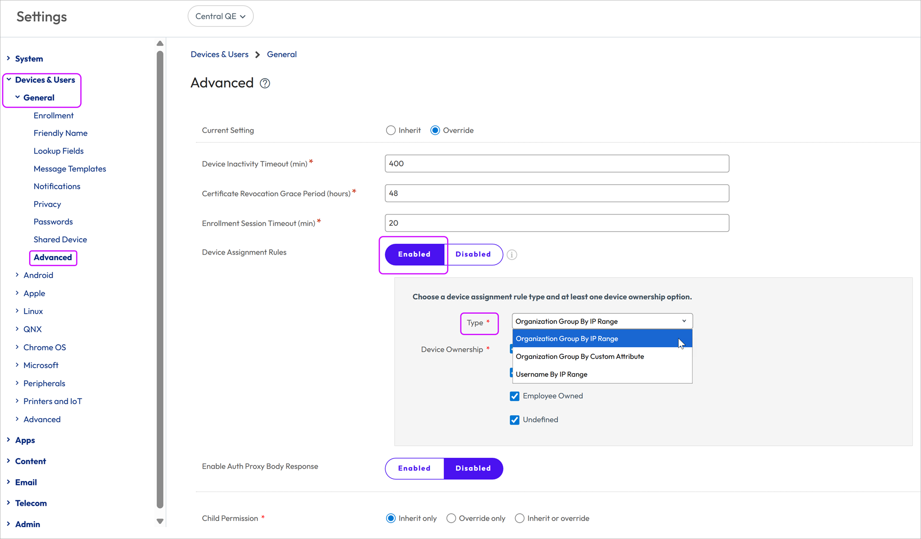 This screenshot shows the Devices & Users, General Advanced system settings, which you can use to enable device assignments. This screenshot shows the Devices & Users, General Advanced system settings, which you can use to enable device assignments.