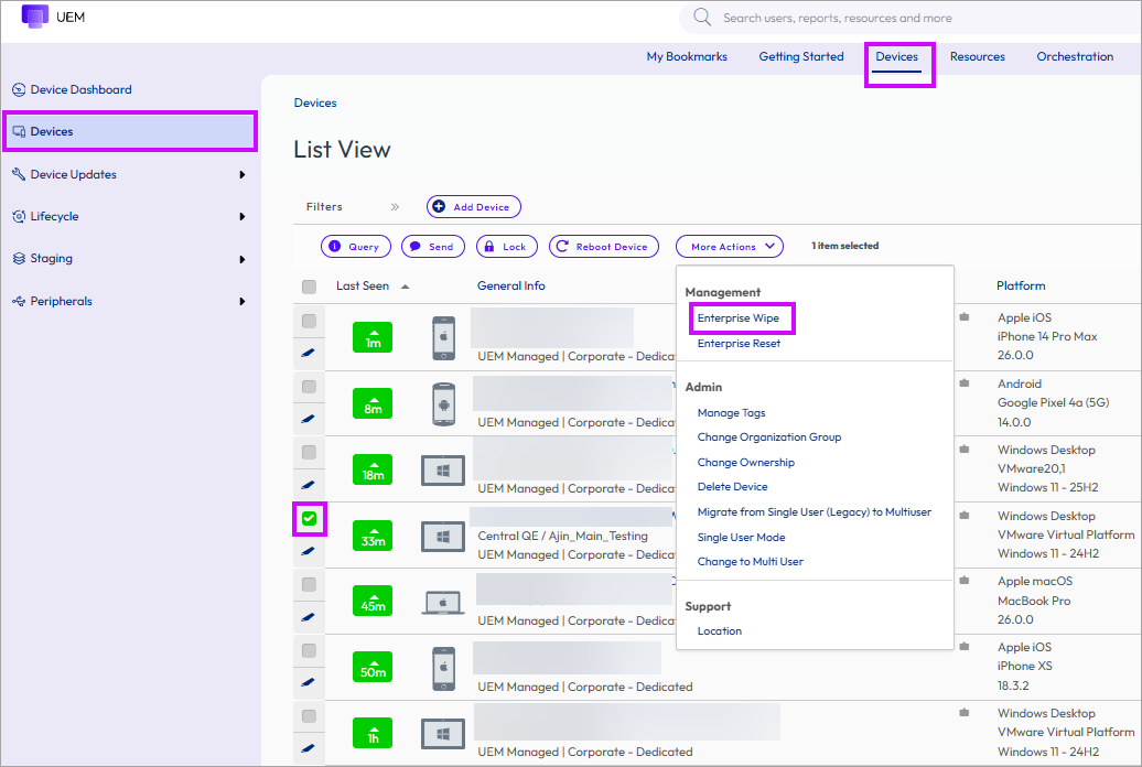 This screenshot shows the Device List View with a device selected and More Actions button selected, revealing the Enterprise Wipe option.