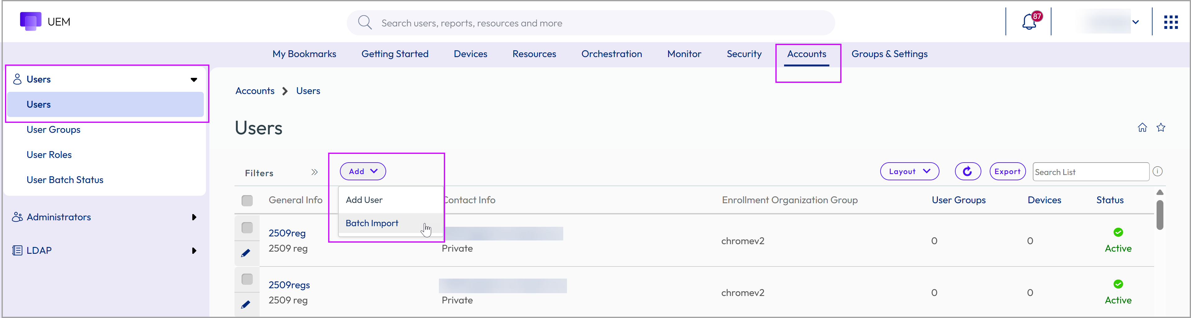 This screenshot shows the User List View in Accounts, which gives you access to batch import templates.