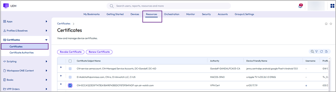 This screenshot shows the Certificates List View, which enables you to revoke and renew device certificates. This screenshot shows the Certificates List View, which enables you to revoke and renew device certificates.