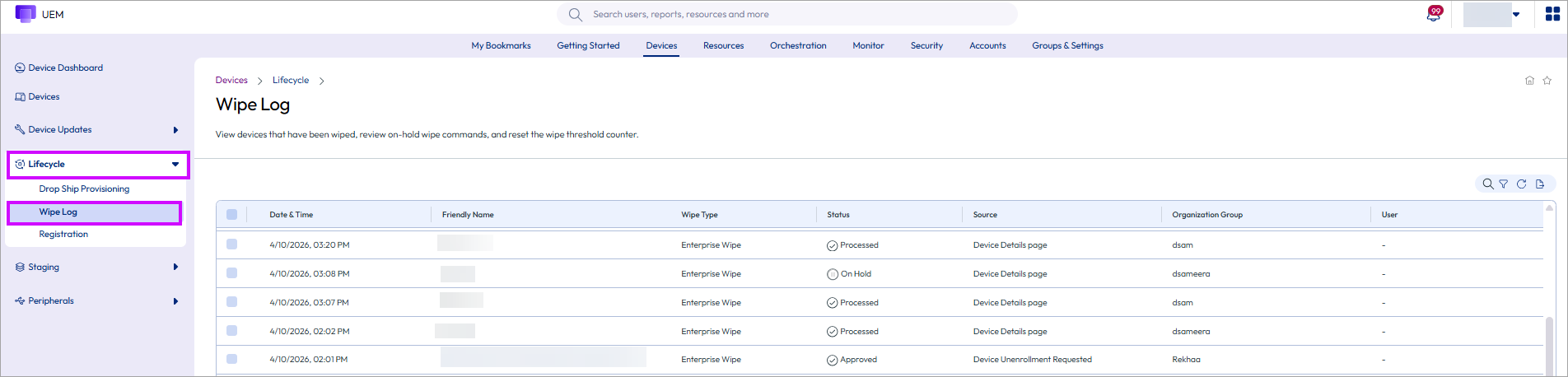 This screenshot shows the Wipe Logs in Devices, Lifecycle, which lets you review all past wipe activity.