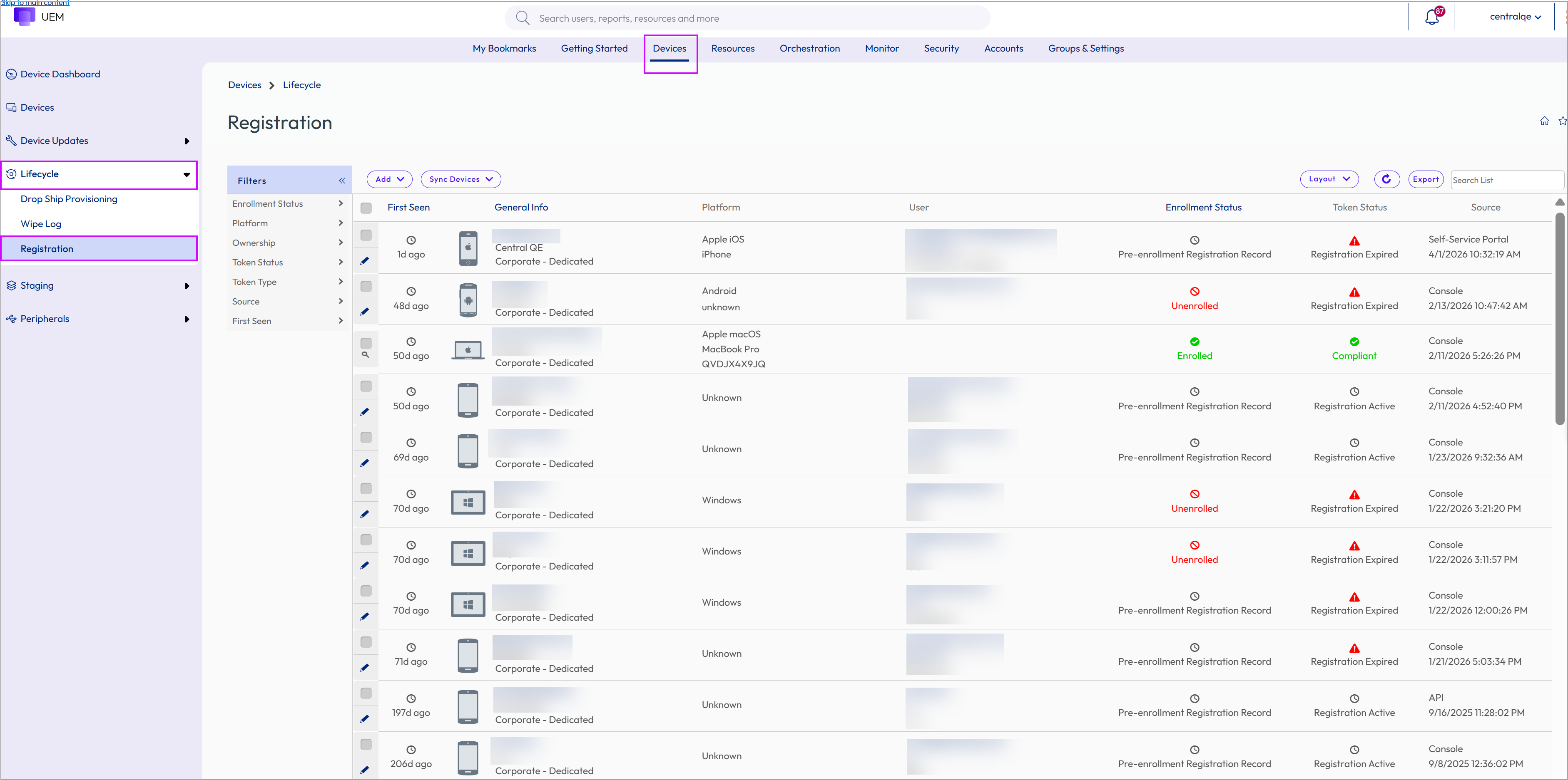 This screen shot displays the device list view by Enrollment Status. Here, you can filter the view by token status and other useful filters. You can also select devices and resend enrollment messages in bulk.