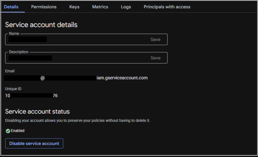 Service account details page in Google Cloud Console where you can view the service account email and unique ID needed for Workspace ONE UEM integration