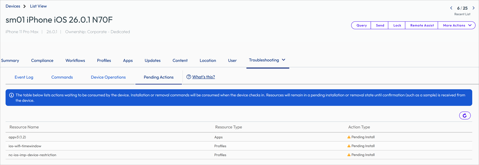 The pending actions tab shows the status Pending Install for a few resources.