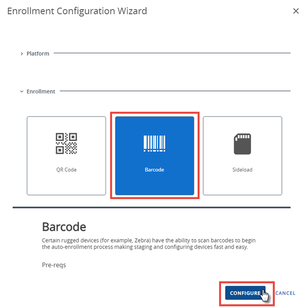 This screenshot shows the Enrollment Configuration Wizard at the point where you select the type of enrollment, in this case Barcode is selected. This screenshot shows the Enrollment Configuration Wizard at the point where you select the type of enrollment, in this case Barcode is selected.