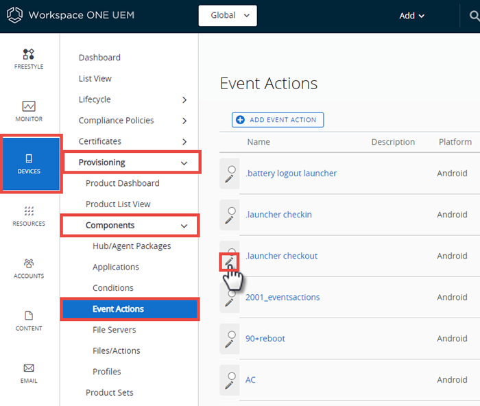 This screenshot shows the Event Actions screen with the Edit icon highlighted.