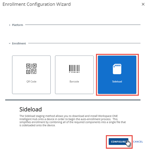 This screenshot shows the Enrollment Configuration Wizard with the Sideload button highlighted.
