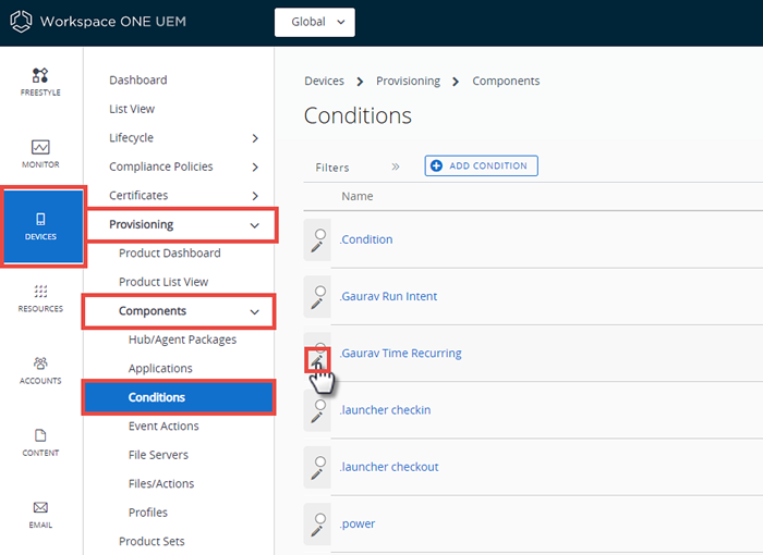 This screenshot shows the Conditions screen with the Edit icon highlighted.