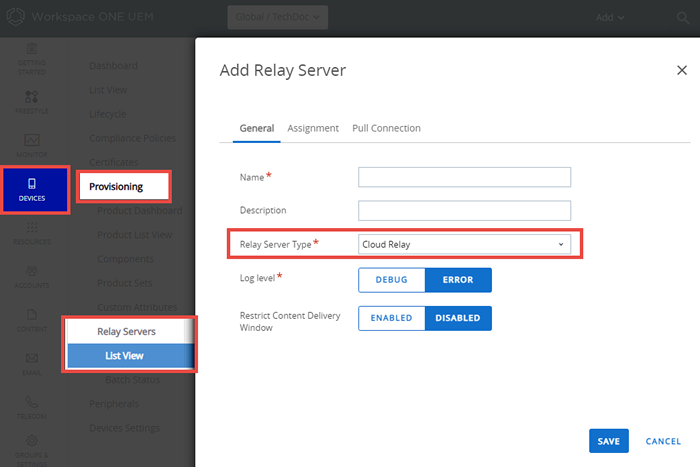 This screenshot shows the Add Relay Server screen and the drop down menu you select to specify the type.